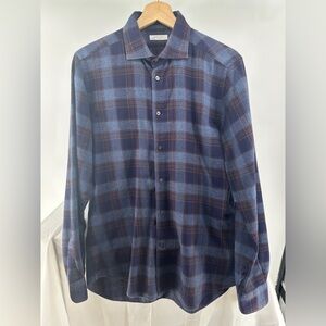 Boglioli cotton blue and brown gray plaid button down shirt